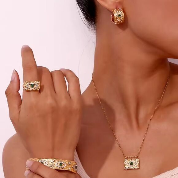 New ANTHRO Malachite 18k Gold Ss Evil Eye Protection Bangle Bracelet - Picture 5 of 12